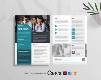Szablon studium przypadku (2 strony): Projekt ulotki firmowej (Canva, Word, PPT)