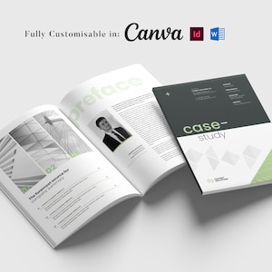 May include: Three open magazines and a closed book are displayed. The open magazines show text and images, with the word "preface" visible. The closed book is titled "case-study" with a green and white geometric design. The text "Fully Customisable in: Canva" is at the top.