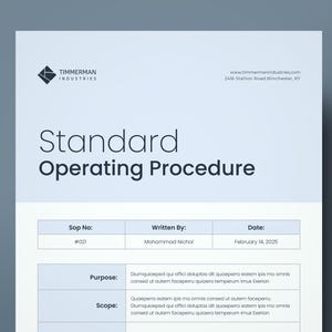Puede incluir: Un documento de procedimiento operativo estándar con el título "Procedimiento operativo estándar" y el texto "Sop No: #021 Escrito por: Mohammad Nichol Fecha: 14 de febrero de 2025" en formato de tabla. El documento también incluye los encabezados "Propósito" y "Alcance" con texto debajo de cada encabezado.