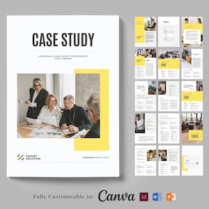 May include: A case study template with a yellow and white color scheme. The cover features a photo of a group of people working together at a table. The text "CASE STUDY" is in bold, black font. The text "A modern & clean layout for represent your company" is in smaller, gray font. The text "FAUGET SOLUTION" is in black font and the text "Presented by" is in gray font. The template is fully customizable in Canva, InDesign, Word, and PowerPoint.