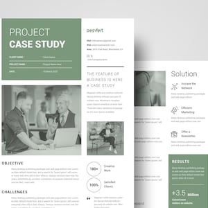 Peut inclure: Document de deux pages intitulé « PROJECT CASE STUDY » avec un code couleur vert et blanc. Le document comprend des images de personnes, du texte et des graphiques. Le document est conçu pour les affaires et le marketing.