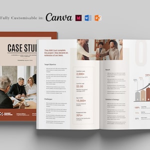 May include: A case study layout with a brown cover and open pages. The cover reads "CASE STUDY" with the text "Fully Customisable in: Canva" at the top. The open pages display data, charts, and images of people.