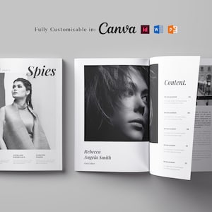 May include: A black and white magazine cover with the title "Spies" and a photo of a woman wearing a black and white outfit. The magazine also features a table of contents with the heading "Content."