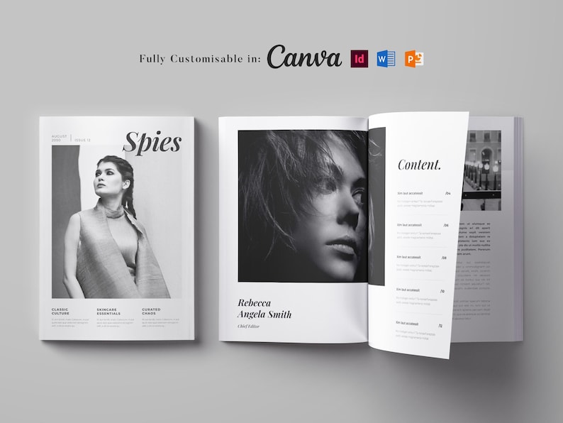 May include: A black and white magazine cover with the title "Spies" and a photo of a woman wearing a black and white outfit. The magazine also features a table of contents with the heading "Content."