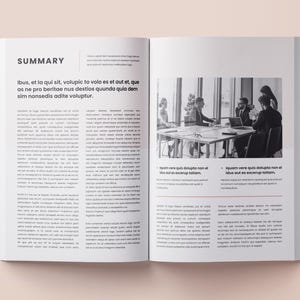 May include: A black and white photo of a group of people sitting around a table in a meeting. The text "Iquam vere quis dolupta non el idus out es excerptiom" is visible in the image.