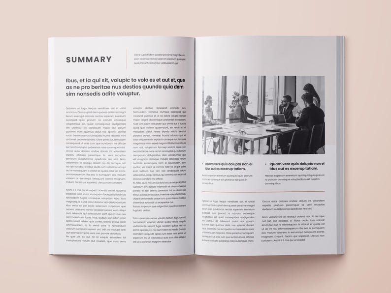 May include: A black and white photo of a group of people sitting around a table in a meeting. The text "Iquam vere quis dolupta non el idus out es excerptiom" is visible in the image.