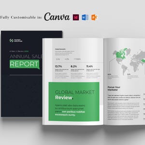 Puede incluir: Un informe de ventas anual verde y negro con un mapa del mundo que muestra regiones resaltadas. El informe incluye el texto "GLOBAL MARKET Review." y "Focus Your Markets!"