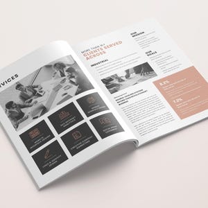 May include: An open brochure with a black and white photo of people working together. The brochure highlights services offered by a company, including website design, SEO, and social media. The text on the brochure states that the company has served over 1K clients across industrial businesses. The brochure also includes a section on the company's mission and goals.