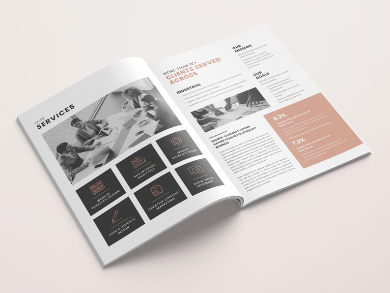 May include: An open brochure with a black and white photo of people working together. The brochure highlights services offered by a company, including website design, SEO, and social media. The text on the brochure states that the company has served over 1K clients across industrial businesses. The brochure also includes a section on the company's mission and goals.