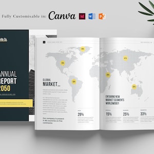 Op de afbeelding: Een professioneel jaarverslag-documenttemplate met een donkere omslag met de tekst Sprite Co. ANNUAL REPORT 2050 en een open spread met een gestippelde wereldkaartgrafiek met gele cirkelvormige datapunten en marktsegmentpercentages.