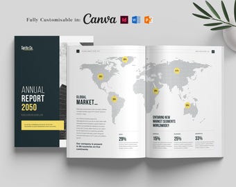 May include: A professional annual report document template featuring a dark cover with the text Sprite Co. ANNUAL REPORT 2050 and an open spread displaying a dotted world map graphic with yellow circular data points and market segment percentages.