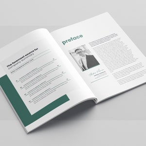 Op de afbeelding: Een open boek met een groene kaft en witte tekst die "The foremost source for company summary" en een websiteadres luidt. De rechterpagina heeft het woord "preface" in grote groene letters en een zwart-witfoto van een man in pak.
