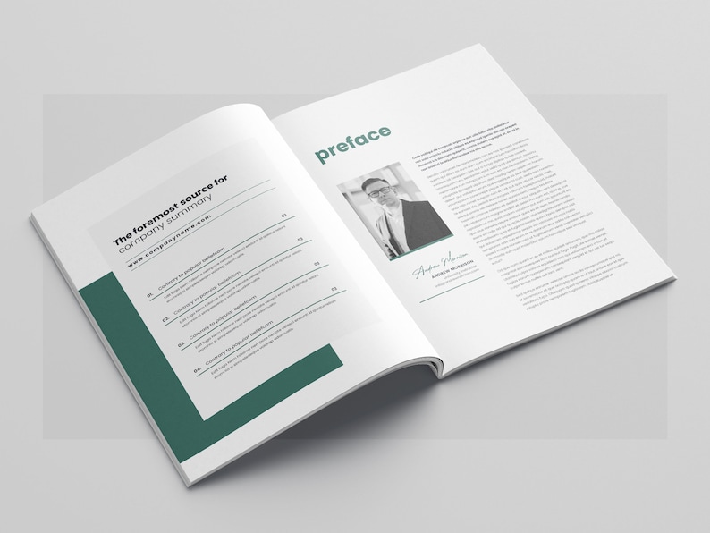 Op de afbeelding: Een open boek met een groene kaft en witte tekst die "The foremost source for company summary" en een websiteadres luidt. De rechterpagina heeft het woord "preface" in grote groene letters en een zwart-witfoto van een man in pak.