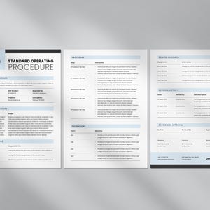 May include: A standard operating procedure document with the title "Standard Operating Procedure" and the name "desvert" at the top. The document includes sections for "Name of Procedure", "Purpose and Scope", "Responsibilities", "Procedure", "Definitions", "Related Resource", "Revision History", and "Review and Approval".