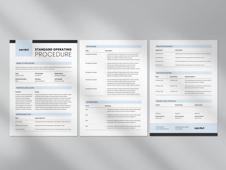 May include: A standard operating procedure document with the title "Standard Operating Procedure" and the name "desvert" at the top. The document includes sections for "Name of Procedure", "Purpose and Scope", "Responsibilities", "Procedure", "Definitions", "Related Resource", "Revision History", and "Review and Approval".