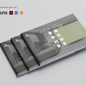 May include: A stack of three landscape-oriented brochures featuring a black and white interior design photograph on the cover. The cover includes the text "Interior Design" in script, "BROCHURE" in white block letters, and a sage green accent block.