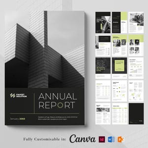 May include: A black and white photo of a modern building with the text "Annual Report" and "Faucet Solution" on a black background. The report is fully customizable in Canva, InDesign, Word, and Photoshop.