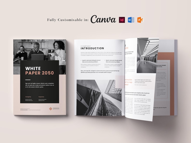 May include: A white paper with the title "WHITE PAPER 2050" on the cover. The paper is open to a page with the heading "COMPANY INTRODUCTION" and a black and white photo of a city skyline. The paper is fully customizable in Canva, InDesign, Word, and PowerPoint.