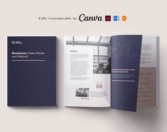 May include: A blue and white patterned cover for a business case study and report. The cover has the text "Business Case Study and Report" in white. The text "Fully Customisable in: Canva Id W P" is in pink at the top of the image.