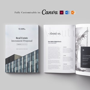 Puede incluir: Una imagen en blanco y negro de un folleto de propuesta de inversión inmobiliaria. La portada presenta un edificio moderno con una fachada de vidrio. Las páginas interiores incluyen texto sobre la misión, la visión y los valores de la empresa. El texto "¡Nuestro principal objetivo es su éxito!" se destaca en negrita.