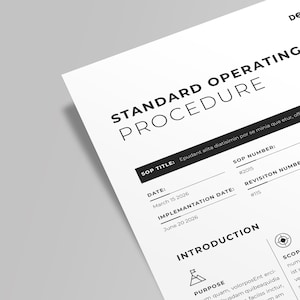 May include: A black and white document with the title "Standard Operating Procedure" and the text "Epudant alita diatisimin por se minia que etur, officabores num quam" in a black box. The document includes the date, implementation date, SOP number, and revision number.