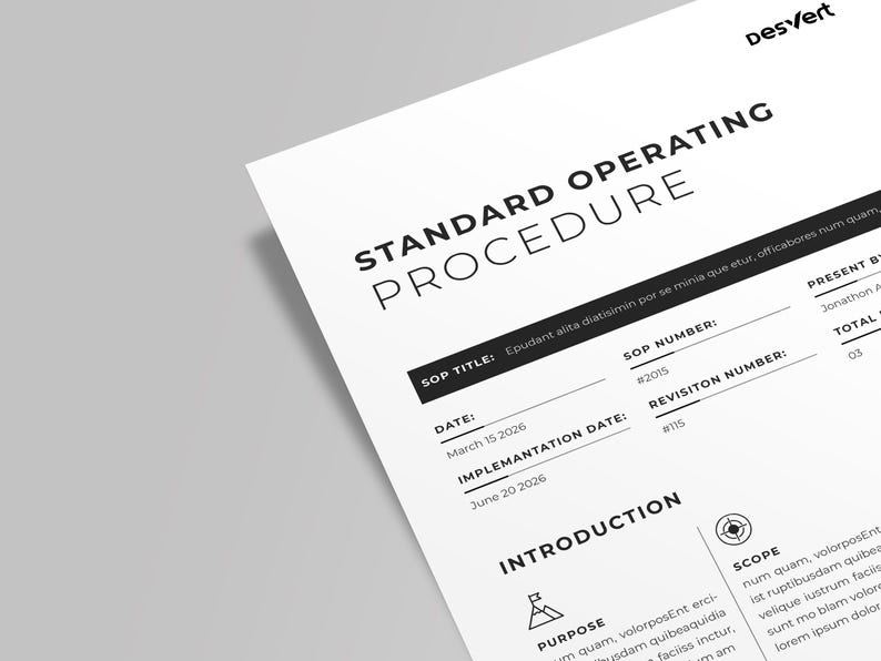 May include: A black and white document with the title "Standard Operating Procedure" and the text "Epudant alita diatisimin por se minia que etur, officabores num quam" in a black box. The document includes the date, implementation date, SOP number, and revision number.