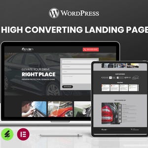 May include: A laptop and tablet display a website design with the text "HIGH CONVERTING LANDING PAGE" and "ELEVATE YOUR DRIVE RIGHT PLACE". The WordPress logo is at the top. A stylus and two app icons are at the bottom.