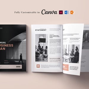 May include: A black and white image of an open business plan book with the text "ANNUAL BUSINESS PLAN 2050" on the cover. The book is open to a page with the heading "FINANCIAL STATEMENT" and text about source-level systems.