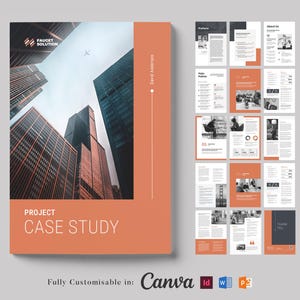 May include: A project case study template with a cityscape background. The cover page features a modern design with a red and white color scheme. The text "Project Case Study" is displayed in a bold, white font. The template is fully customizable in Canva, InDesign, Word, and PowerPoint.