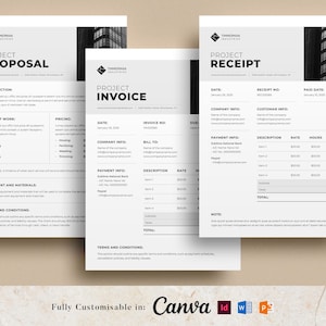 Può includere: Tre modelli di proposta di progetto, fattura e ricevuta in bianco e nero con uno sfondo di paesaggio urbano. I modelli includono sezioni per le informazioni aziendali, le informazioni di pagamento e i termini e condizioni. Il testo "Completamente personalizzabile in: Canva" è nella parte inferiore dell'immagine.
