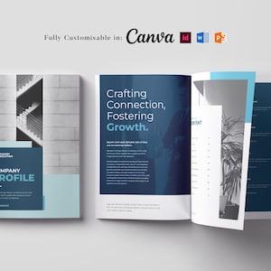 May include: A blue and white company profile brochure with the text "Crafting Connection, Fostering Growth." on the cover. The cover also features a photo of a building with a staircase.
