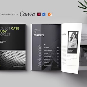 May include: A project case study booklet with a black cover and the title "PROJECT CASE STUDY BOOKLET" in white and green. The booklet is open to reveal the table of contents and a photo of a person. The text "Fully Customisable in: Canva" is at the top.