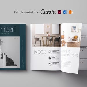 Peut inclure: Une couverture de magazine avec le titre "L'interi" et une image d'un vase avec une plante et une pile de livres. Le magazine est ouvert à une page avec le mot "INDEX" et une liste de sujets, dont "Living Space Rubber & Functional".