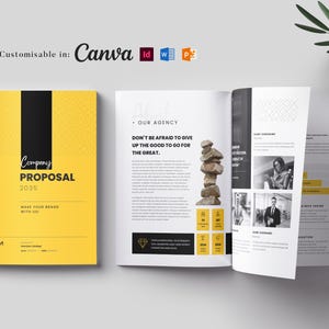 May include: A yellow and black company proposal template with the text "Company Proposal 2035" and "Make Your Brand With Us". The open pages show content with images and text. The template is fully customizable in Canva.