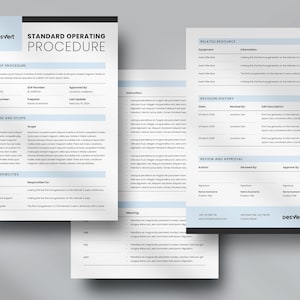 May include: A standard operating procedure document with a blue and white color scheme. The document includes sections for name of procedure, purpose and scope, responsibilities, revision history, and review and approval.