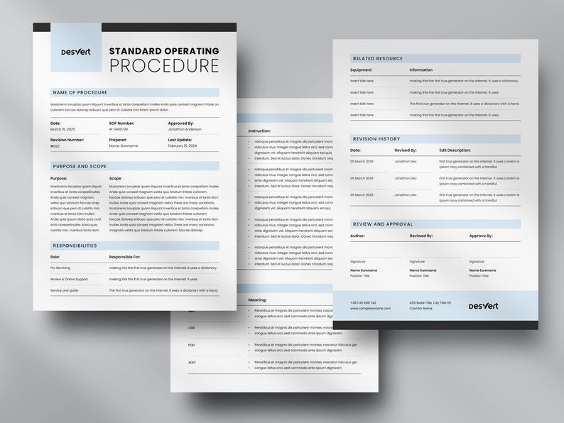 May include: A standard operating procedure document with a blue and white color scheme. The document includes sections for name of procedure, purpose and scope, responsibilities, revision history, and review and approval.