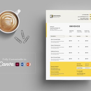 May include: An overhead shot of a business invoice with a cup of coffee and paper clips. The invoice has a yellow and white design with the word "INVOICE" at the top. The invoice is fully customizable in Canva.