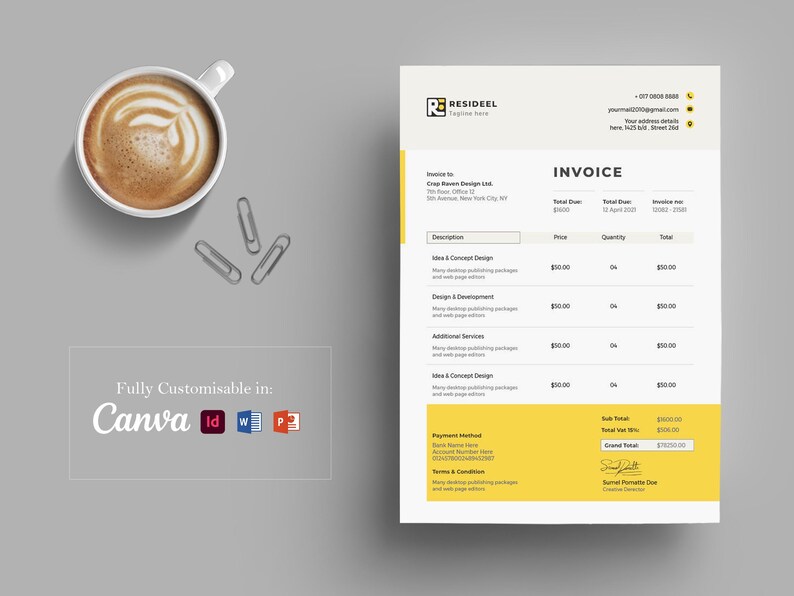 May include: An overhead shot of a business invoice with a cup of coffee and paper clips. The invoice has a yellow and white design with the word "INVOICE" at the top. The invoice is fully customizable in Canva.