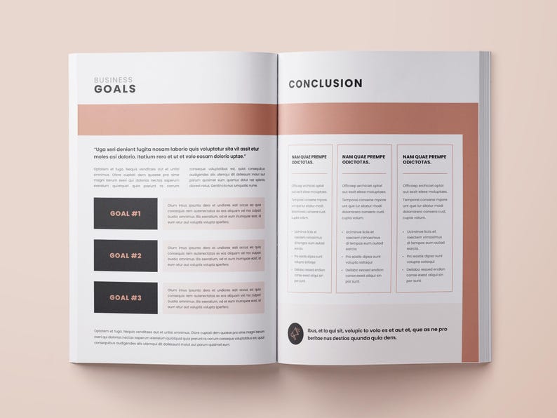 May include: A two-page spread of a business plan document with the words "Business Goals" and "Conclusion" at the top of each page. The left page has three numbered goals with text describing each goal. The right page has three columns with the text "Nam Quae Prempe Dictotas" at the top of each column. Each column has text describing the conclusion of the business plan.