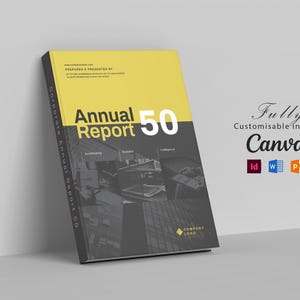 Peut inclure: Un modèle de rapport annuel d'entreprise avec une couverture jaune et gris foncé portant le texte Annual Report 50. Le design inclut une grille d'images professionnelles en noir et blanc, un espace pour un logo et des mentions de compatibilité avec Canva, InDesign, Word et PowerPoint.