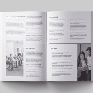 Op de afbeelding: Een zwart-witbeeld van een zakelijke vergadering. De afbeelding toont een groep mensen die aan een tafel in een vergaderruimte zitten. De tekst op de pagina bevat de woorden "Situatie", "Uitdagingen" en "Acties".