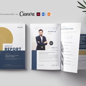 Peut inclure: Un modèle de rapport annuel bleu et or avec un graphique circulaire et le texte "Rapport annuel" en lettres blanches en gras. Le texte "Bienvenue, mots du PDG" est sur la page de droite avec une photo d'un homme en costume. Le texte "T.O.C" est sur la page de droite avec une liste de numéros.