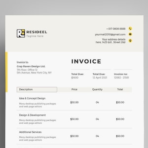 May include: A business invoice template with a cream background and yellow accents. The invoice includes the company logo, contact information, and details for services such as Idea & Concept Design, Design & Development, and Additional Services.
