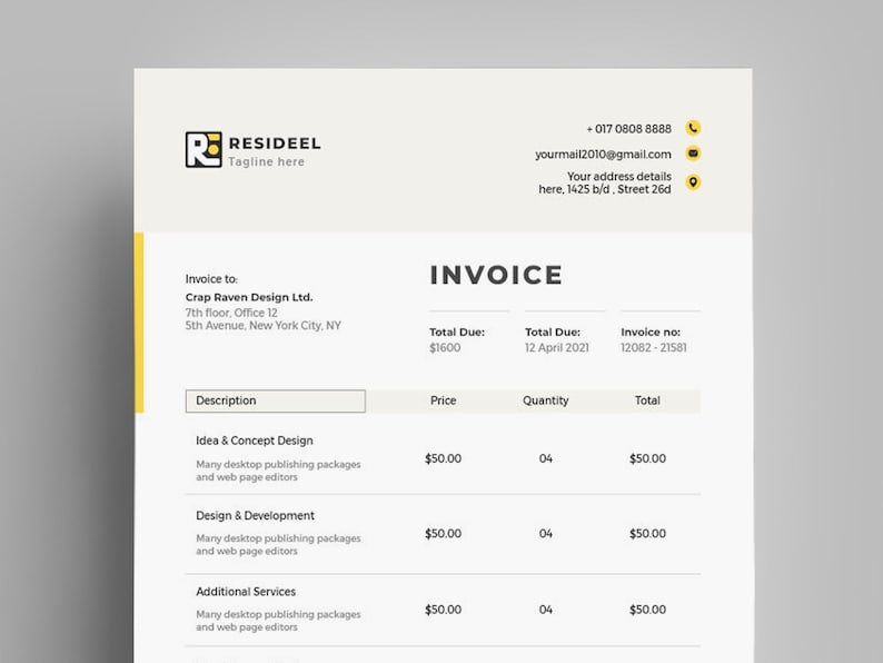 May include: A business invoice template with a cream background and yellow accents. The invoice includes the company logo, contact information, and details for services such as Idea & Concept Design, Design & Development, and Additional Services.