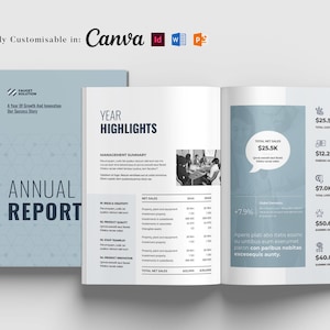 Puede incluir: Un informe anual abierto con una cubierta y páginas interiores de color azul claro. La cubierta muestra el título "Annual Report" y el texto "A Year Of Growth And Innovation Our Success Story". Las páginas interiores muestran datos financieros y el texto "Year Highlights".