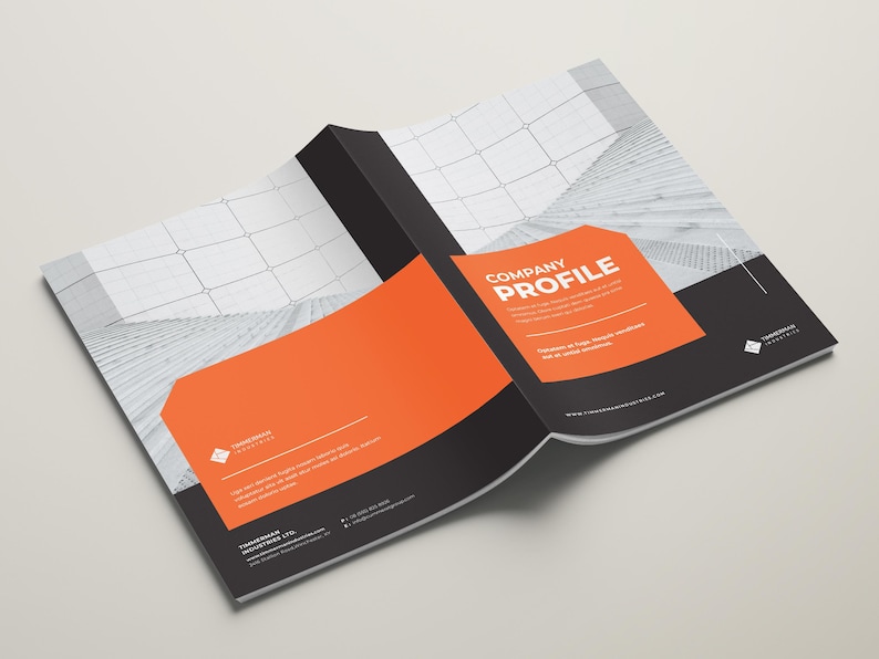 May include: A black and orange company profile brochure with a white geometric pattern on the cover. The text "COMPANY PROFILE" is in white on an orange background.