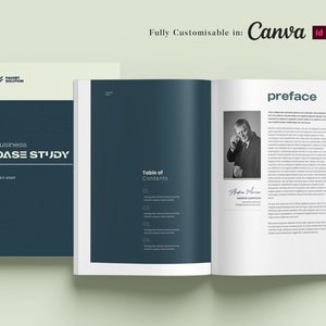 以下が含まれることがあります： ネイビーブルーの表紙と白い背表紙が付いた、ビジネスケーススタディの小冊子。表紙には「business CASE STUDY 2023-2025」の文字と「FAUGET SOLUTION」のロゴが入っています。内側のページには目次と序文が含まれています。