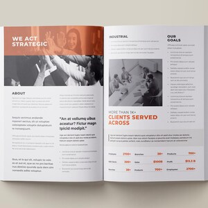 May include: A black and white image of a brochure with the text "We Act Strategic" and "More Than 1K+ Clients Served Across". The brochure highlights the company's industrial focus, goals, and achievements.