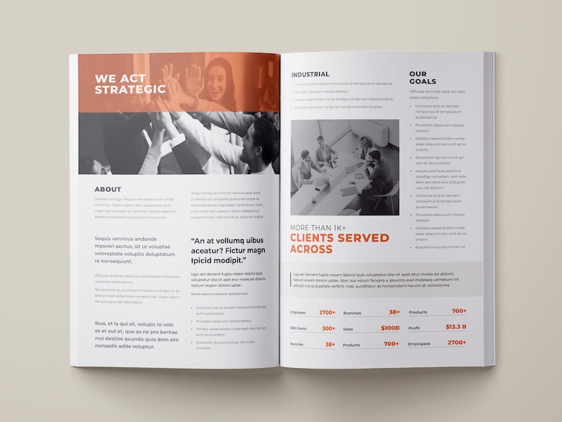 May include: A black and white image of a brochure with the text "We Act Strategic" and "More Than 1K+ Clients Served Across". The brochure highlights the company's industrial focus, goals, and achievements.