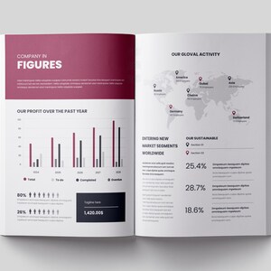 Puede incluir: Una p&aacute;gina doble de un informe empresarial. La p&aacute;gina izquierda presenta un encabezado burdeos con el texto "COMPANY IN FIGURES" y un gr&aacute;fico de barras que ilustra las ganancias del &uacute;ltimo a&ntilde;o. La p&aacute;gina derecha muestra un mapa del mundo con marcadores de ubicaci&oacute;n.